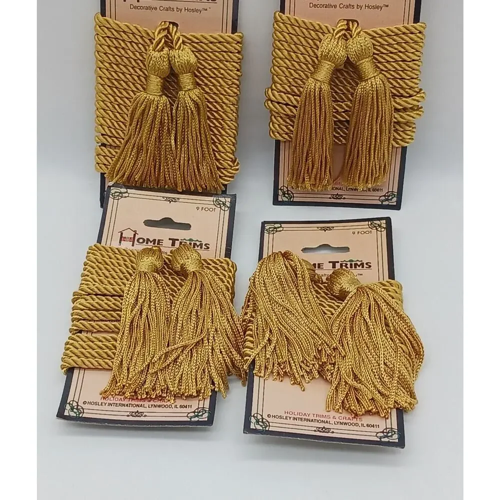 Set Lot of 4 Gold Colored Tassels 9 Foot Cord Home Trims Hosley Decorative Craft